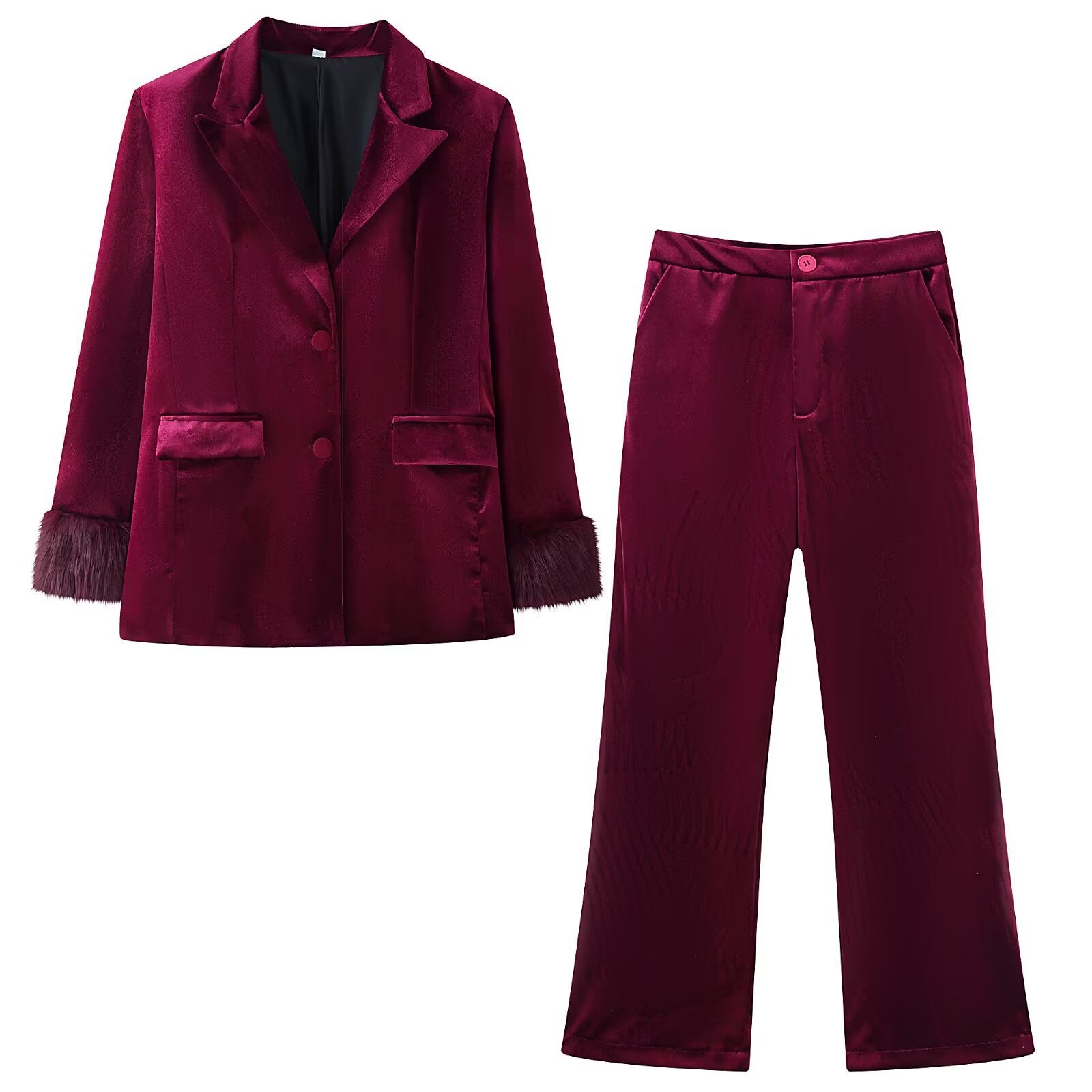 Women Tailored Velvet Blazer with Faux Fur Cuffs and Flap Pockets Chichicherry
