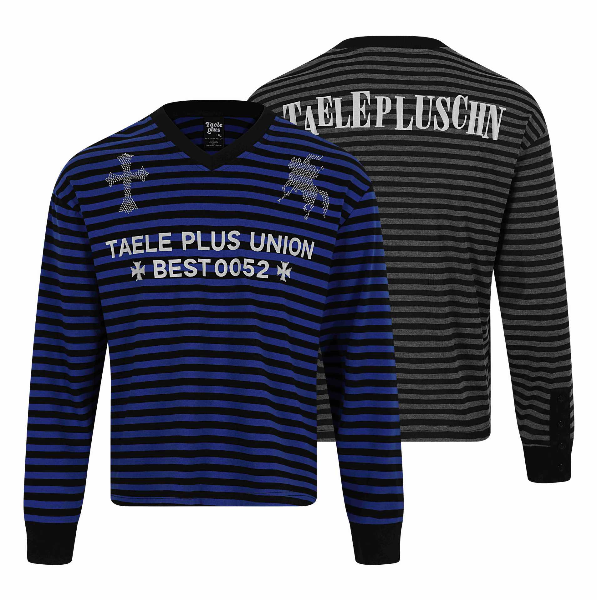 Unisex Striped Long Sleeve Sweater with V-Neck and Rhinestone Applications Chichicherry