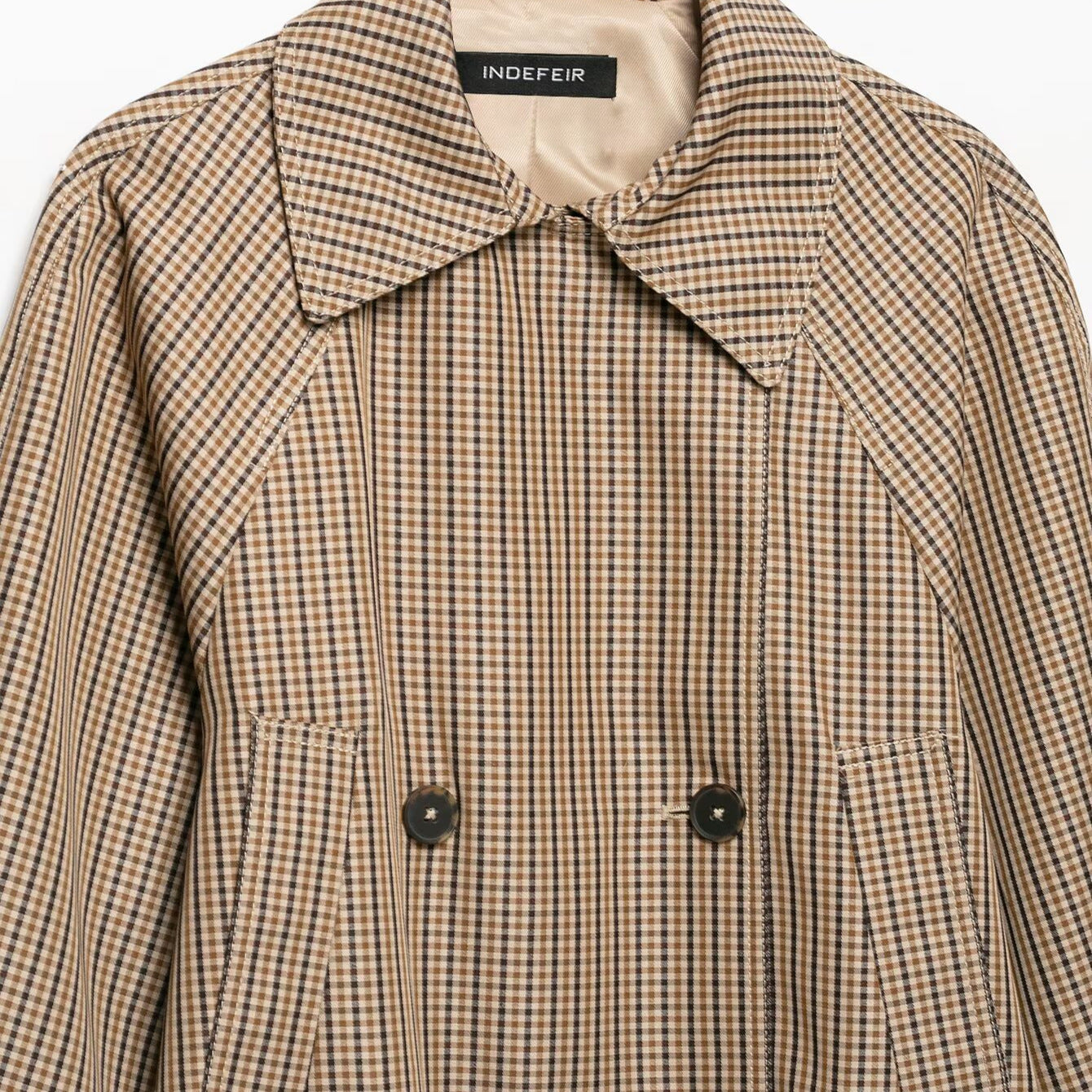 Women's short trench coat in Glencheck with boxy silhouette, tie belt and raglan sleeves Chichicherry