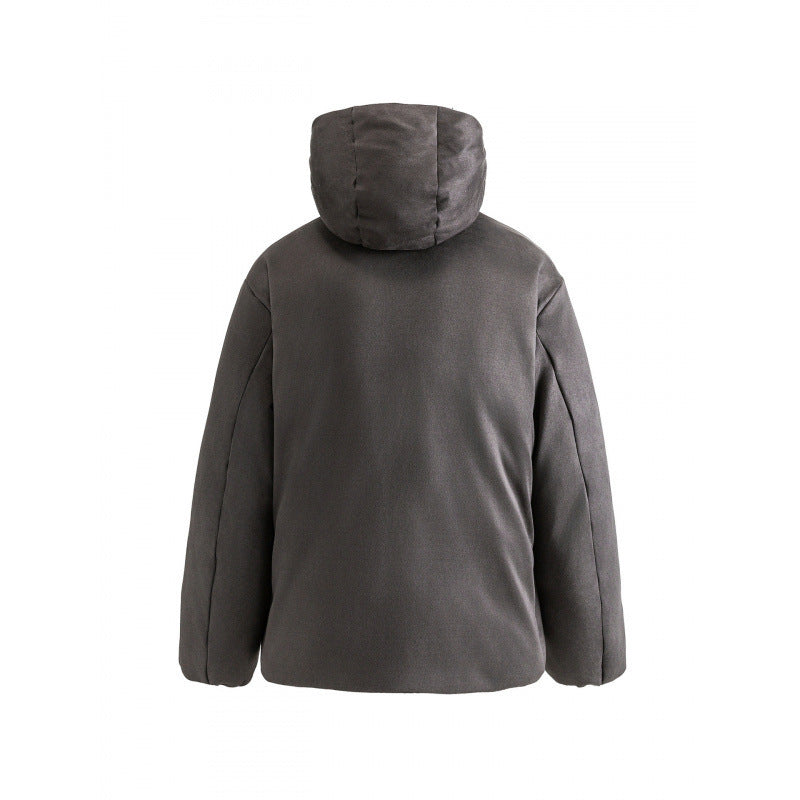 Unisex Padded Hooded Jacket in Boxy Cut with High Shawl Collar and Kangaroo Pockets Chichicherry