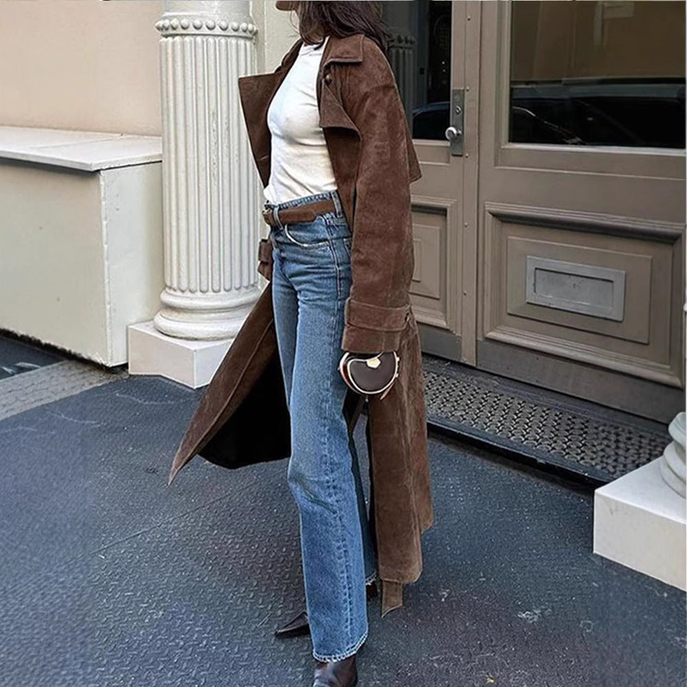 Women's Long Double-Breasted Trench Coat in Suede-Like with Waist Belt Chichicherry