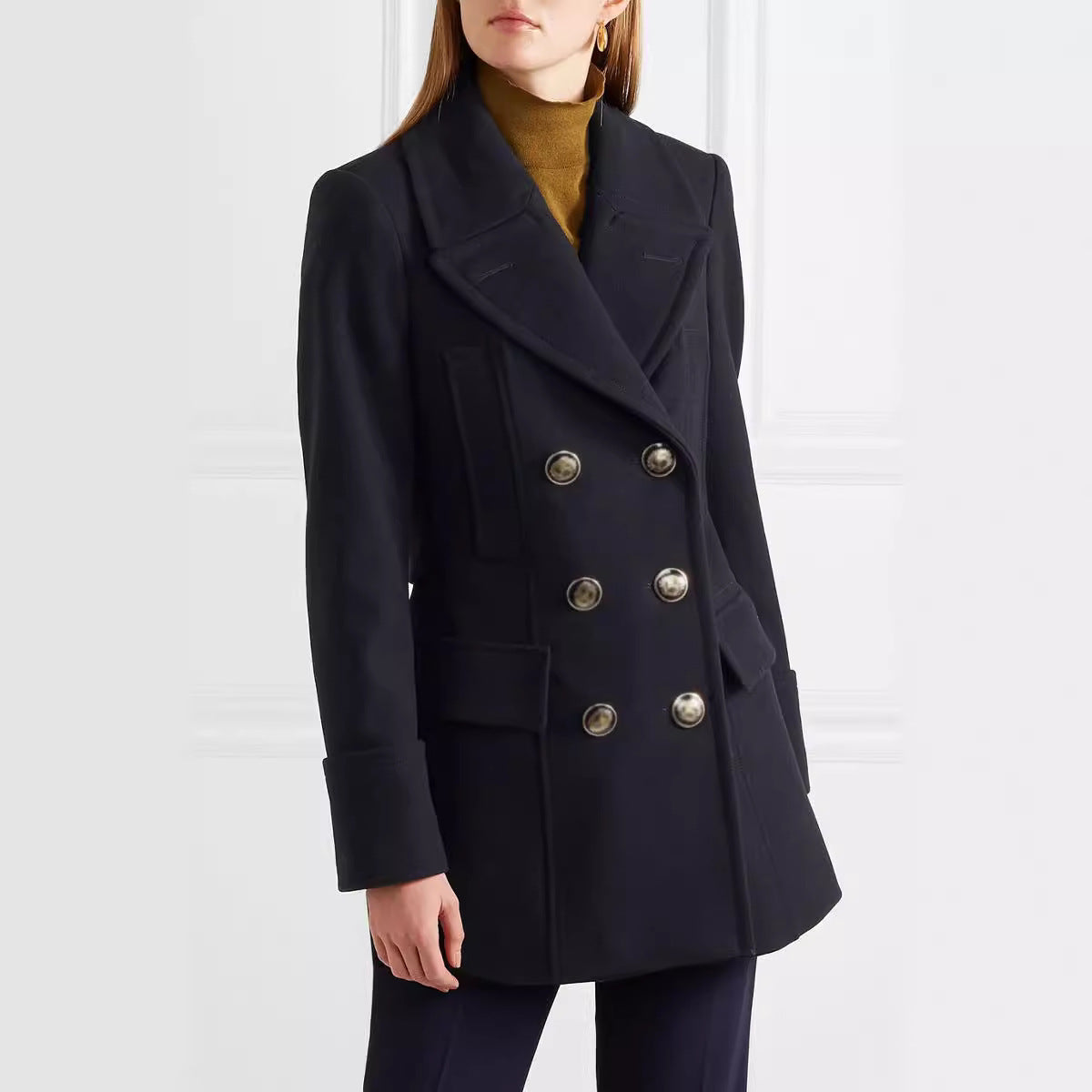 Women Elegant tailored midi-length double-breasted blazer coat with distinctive shoulder and decorative round buttons Chichicherry