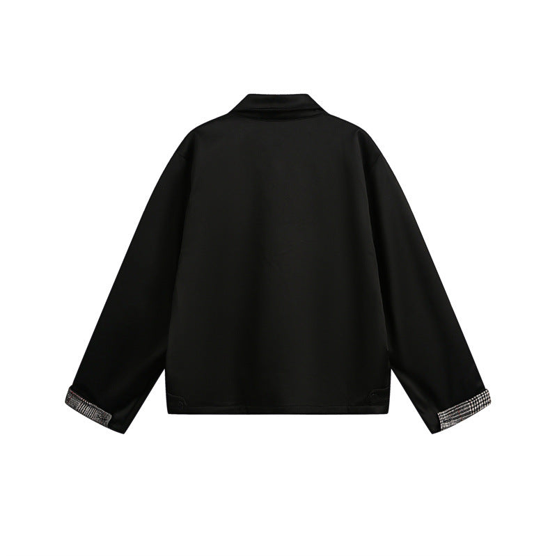 Unisex Short Cut Boxy Blouson Jacket with Checked Lining and Chest Zip Pocket Chichicherry