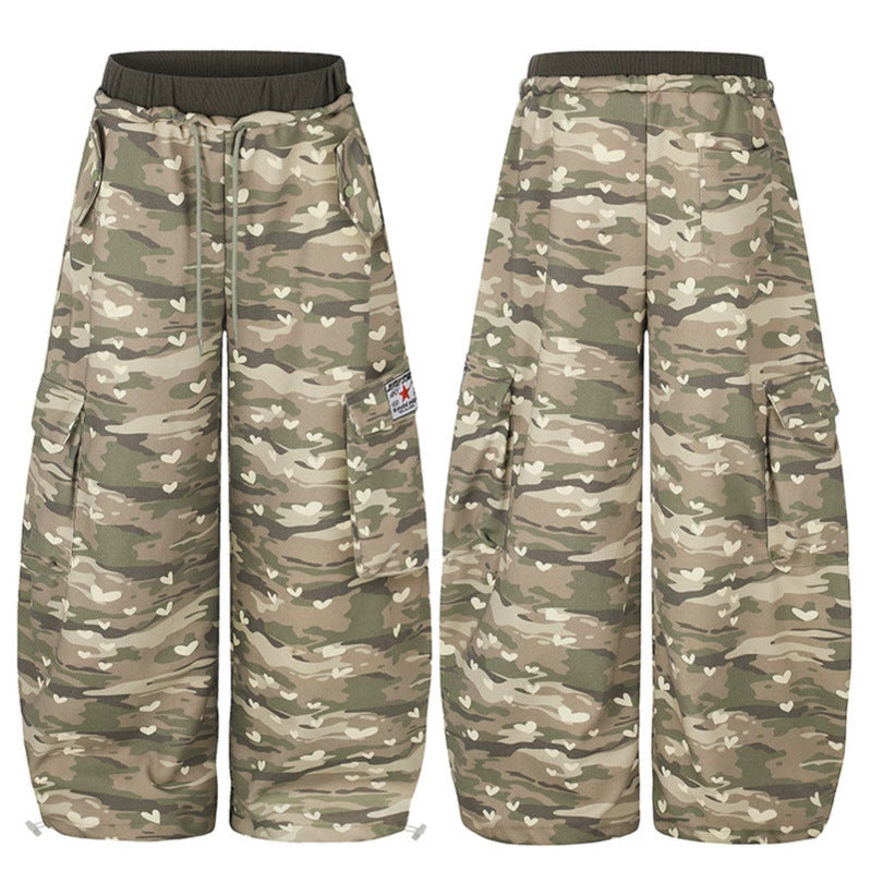 Women's Wide Cargo Pants with Heart Camouflage, Drawstring Waistband and Generous Pockets Chichicherry