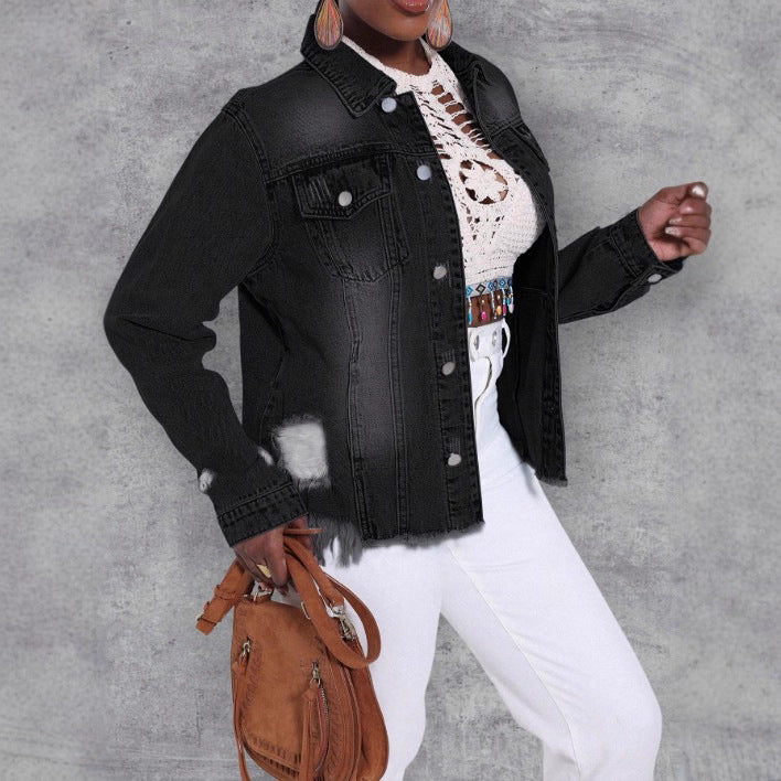 Women's Distressed Denim Jacket with Frayed Hem and Relaxed Fit Chichicherry