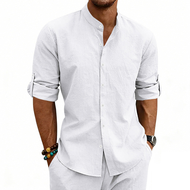 Men's Modern Linen Blend Shirt with Stand Collar, Roll-up Sleeves and Narrow Placket Chichicherry