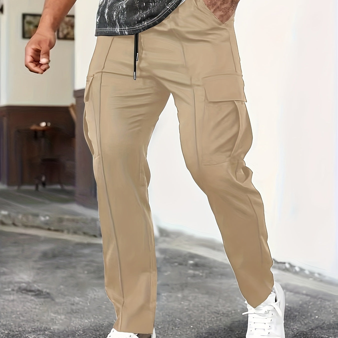 Men's Tapered Cargo Jogging Pants with Flat Drawstring, Multiple Pockets & Narrow Ankle Hem Chichicherry