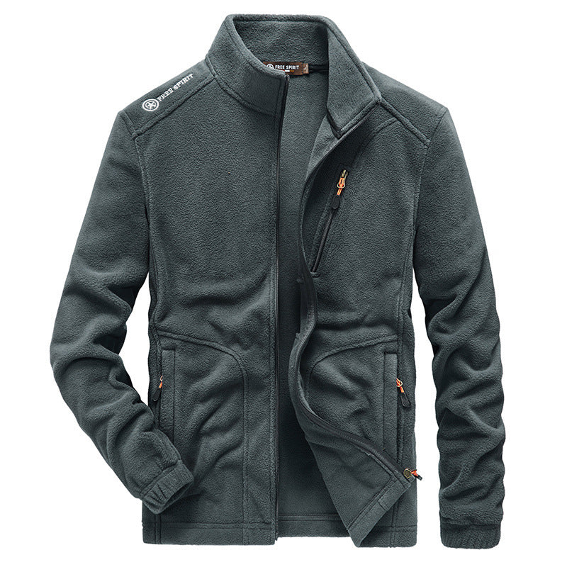 Men's micro fleece outdoor jacket with stand-up collar, full-length zipper, and zip pockets Chichicherry