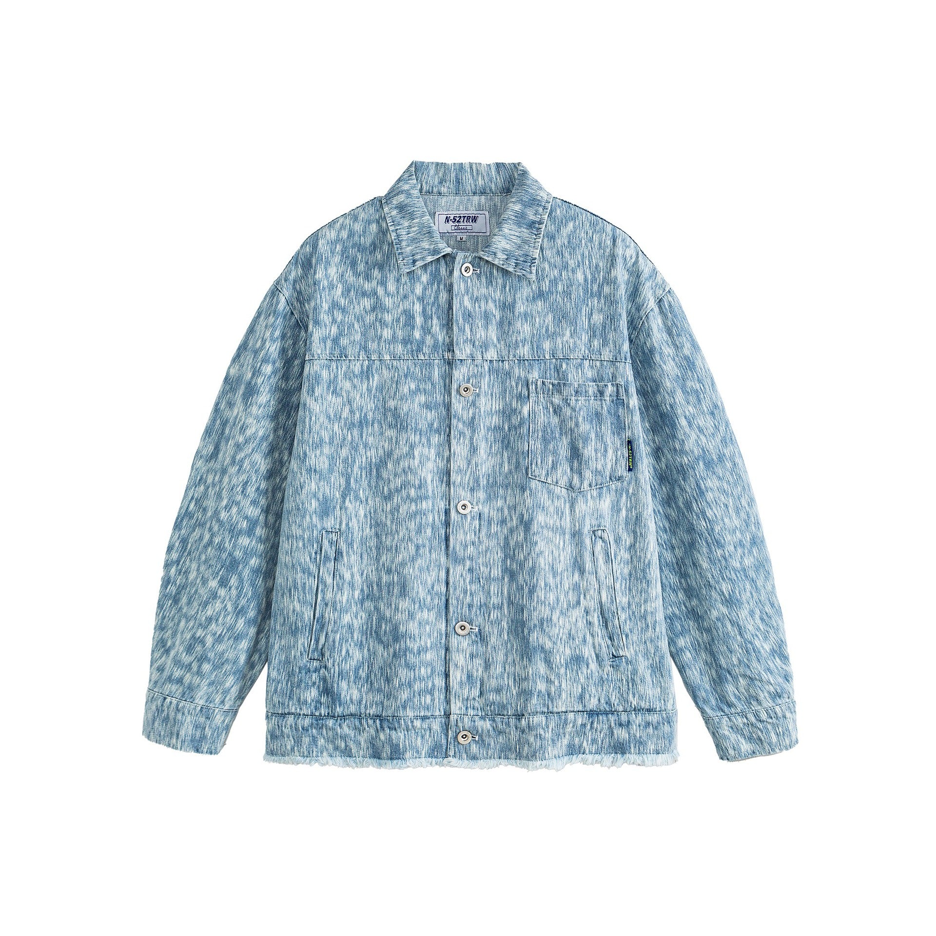 Unisex Oversized Denim Jacket with Frayed Hem and Texture Pattern Chichicherry