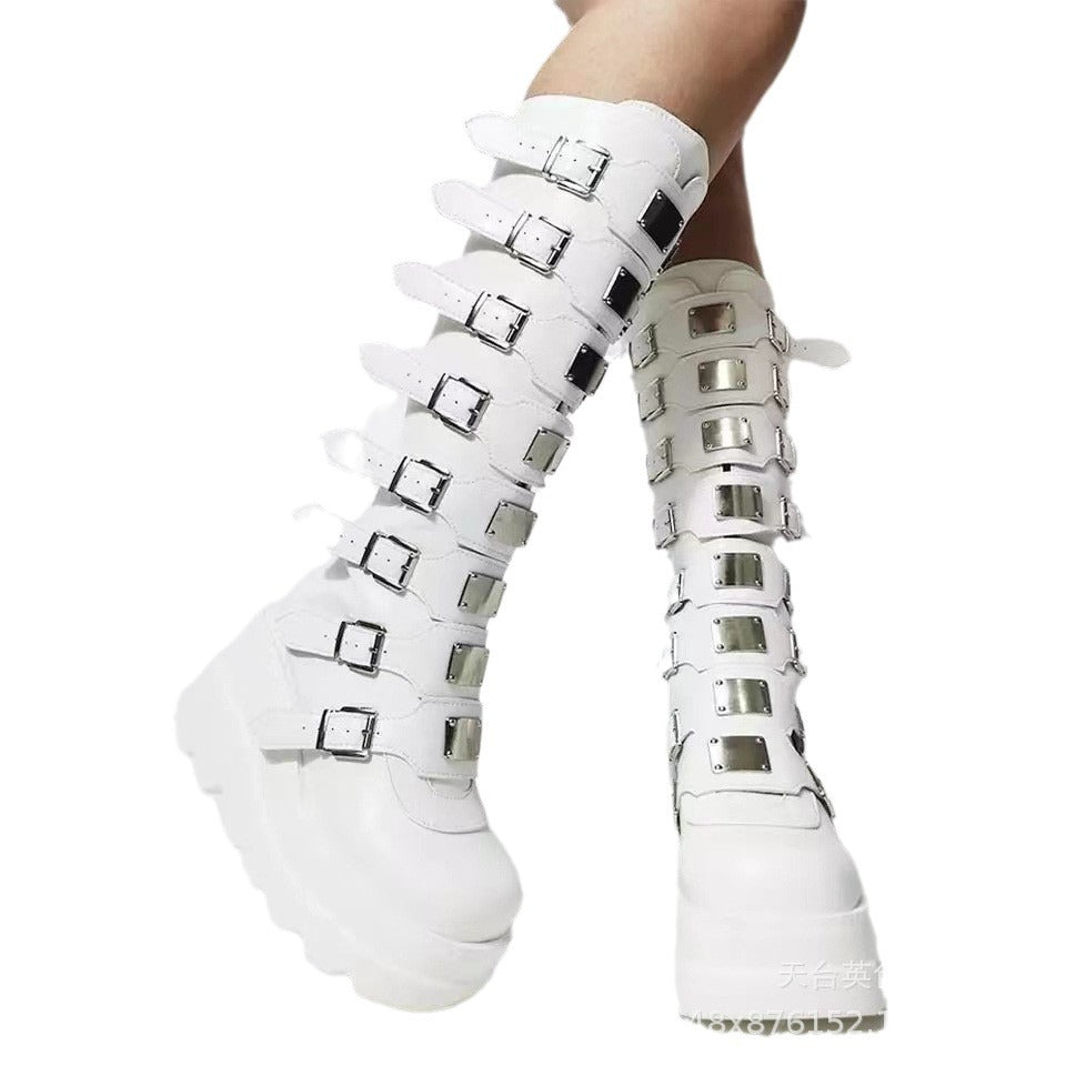 Women's platform knee-high gothic biker boots with multiple buckles and metal plates Chichicherry