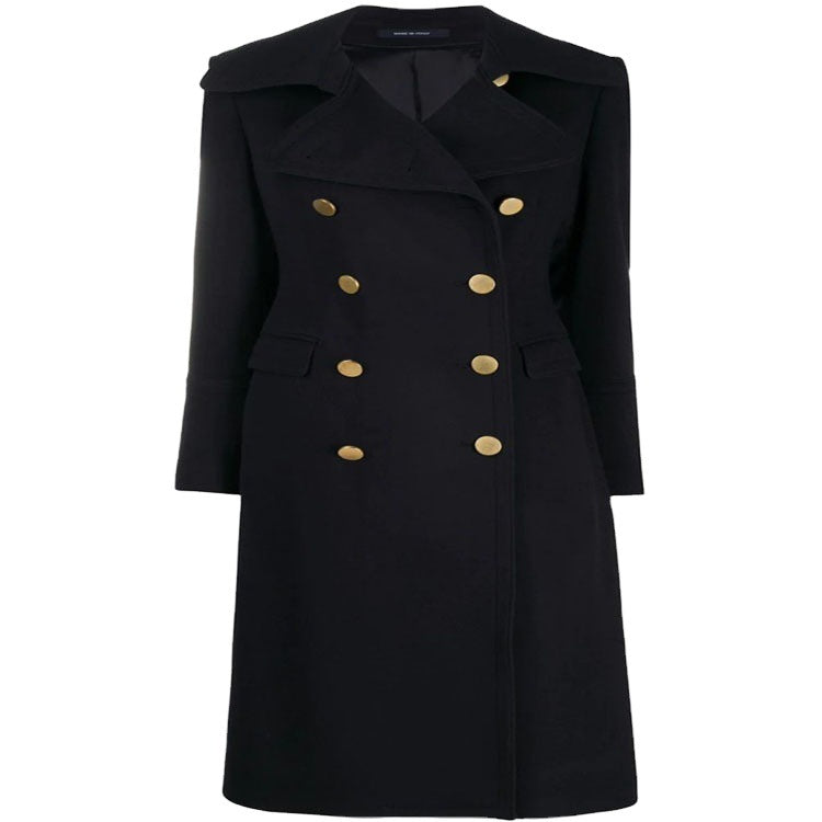 Women Tailored Double-Breasted Coat with Wide Lapels and Gold Decorative Buttons Chichicherry