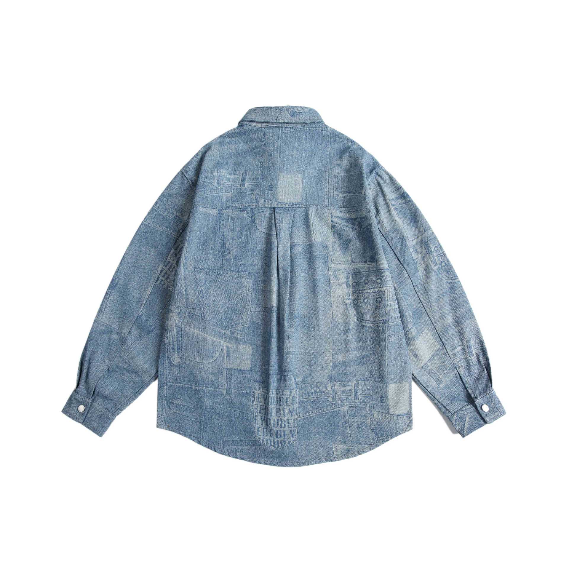 Unisex Oversized-Denim-Shirt Jacket with Patchwork Print and Snap Button Placket Chichicherry