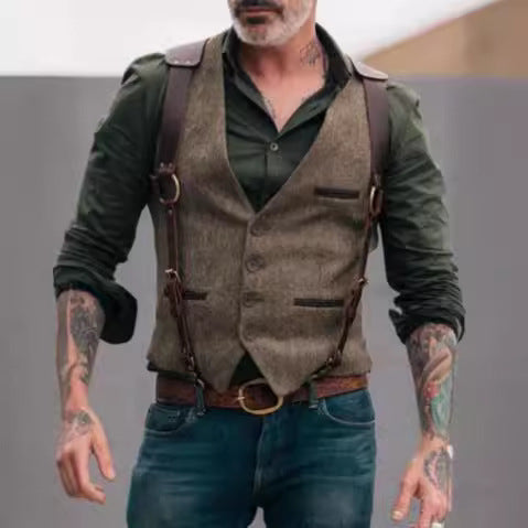 Herren Tweed‑Weste mit Lederträgern und Vintage‑Details Chichicherry
