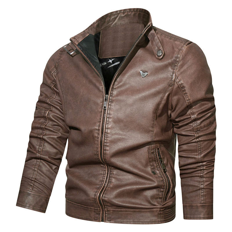 Men's Slim-Fit Pilot Style Denim Jacket with Stand Collar, Sleeve Gatherings and Zipper Pockets Chichicherry