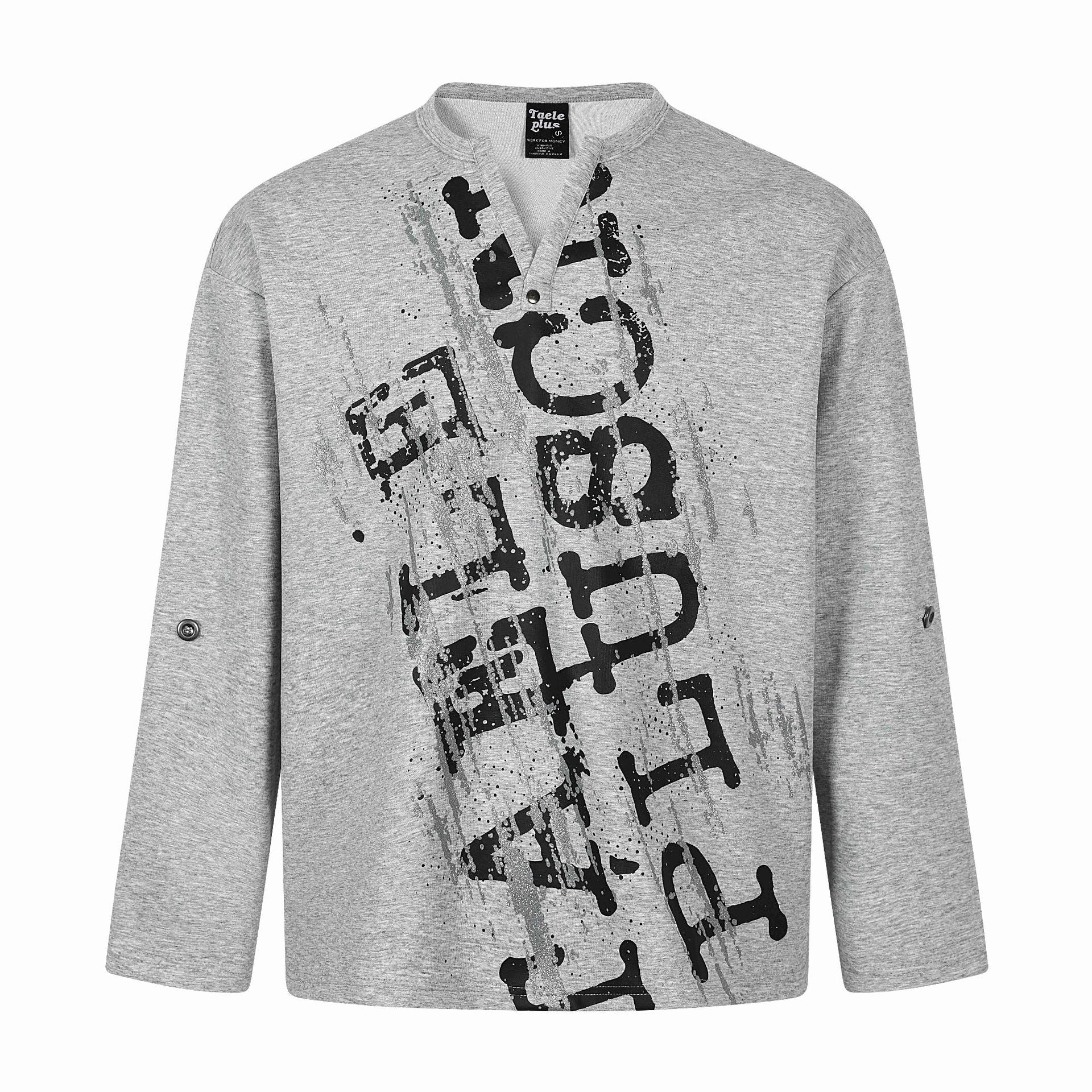 Unisex Oversize Henley Sweatshirt with Notch Collar, 3/4 Sleeves and Print Chichicherry