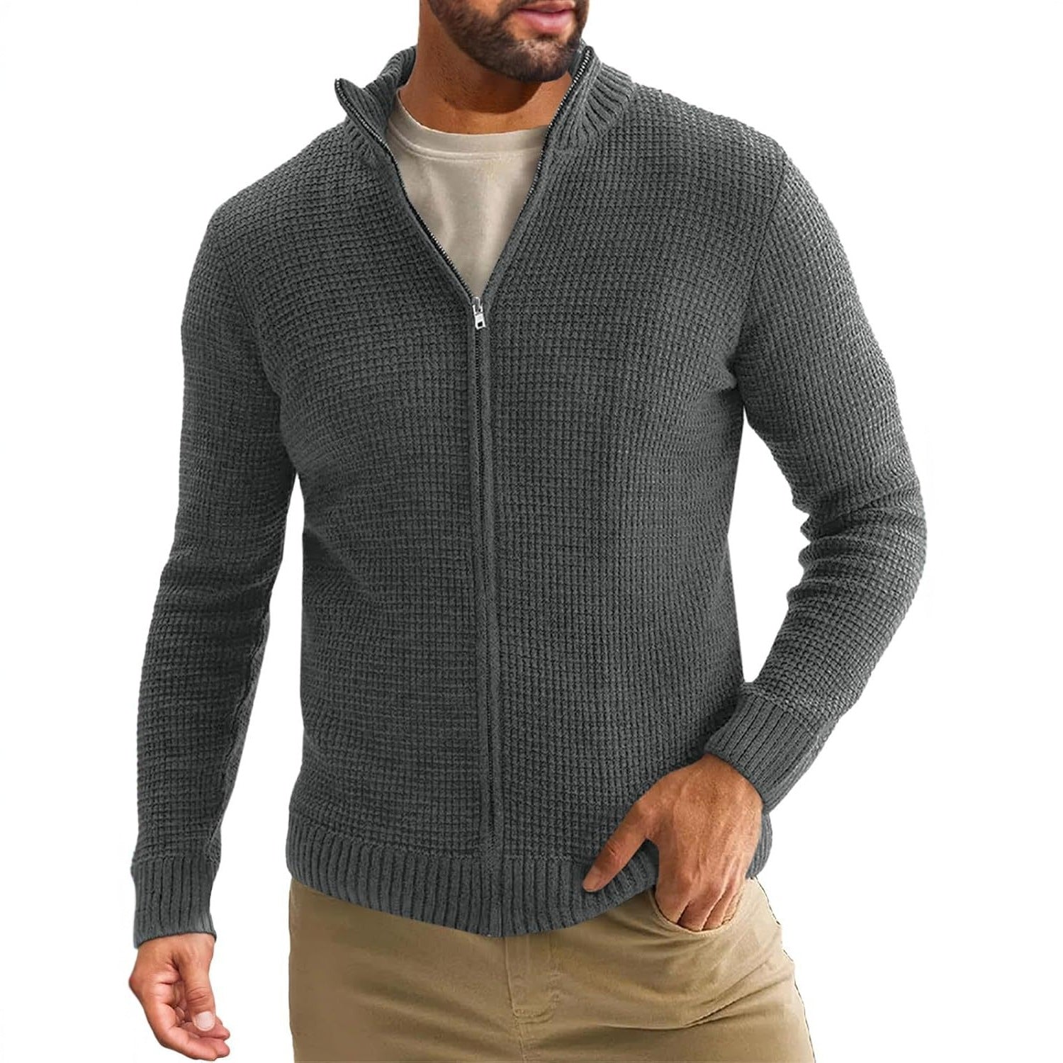 Men's Zip-Up Cardigan with Waffle Texture and Stand-Up Collar Chichicherry