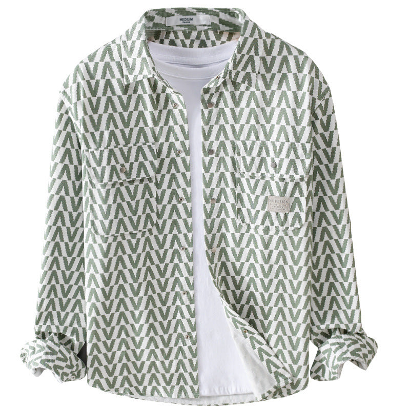 Men's patterned overshirt made of cotton blend with geometric V-pattern, patch chest pockets and relaxed fit Chichicherry