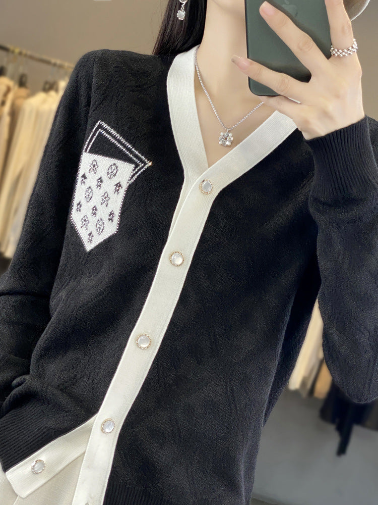 Women's Short-Cut V-Neck Cardigan with Pearl Buttons and Contrasting Breast Pocket Chichicherry
