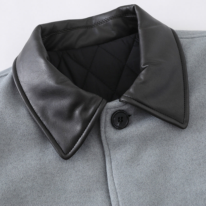 Unisex Short Blouson in minimalist Workwear look made of wool blend with leather look collar Chichicherry