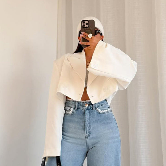 Women Cropped Boxy Short Blazer with Boxy Silhouette and Extra Long Sleeves Chichicherry