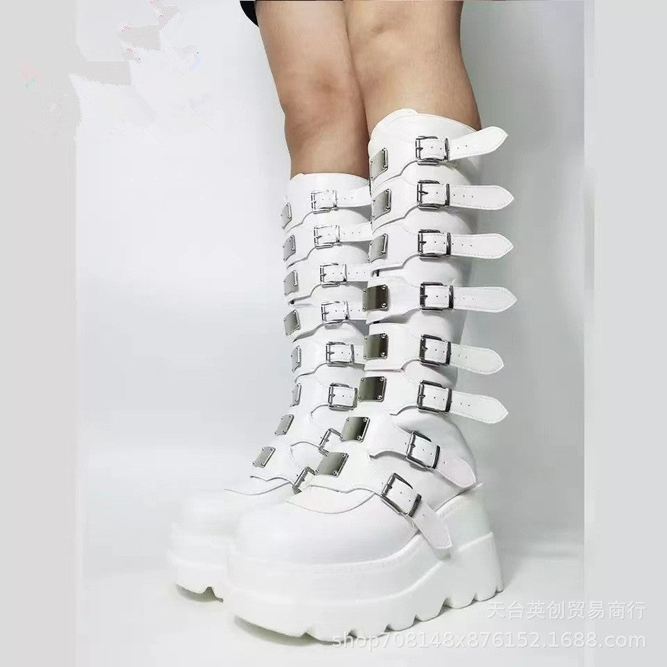 Women's platform knee-high gothic biker boots with multiple buckles and metal plates Chichicherry