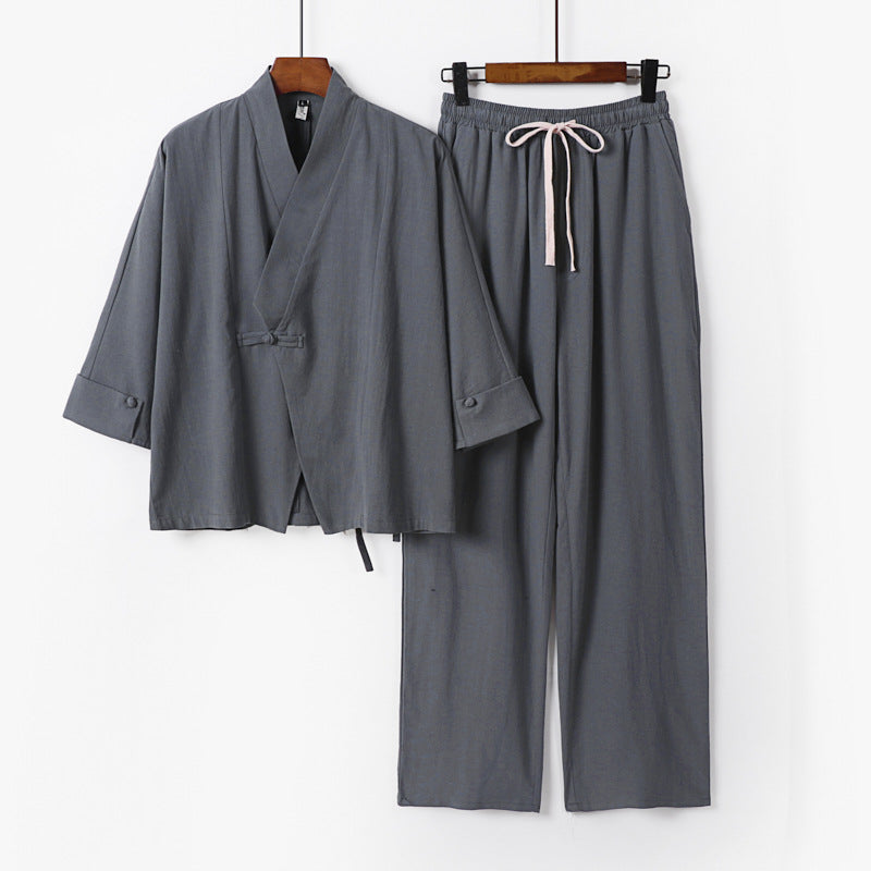 Unisex Lightweight Zen Lounge Set in Kimono Style with Dropped Shoulder Concealed Knot Placket and Elastic Drawstring Pants Chichicherry