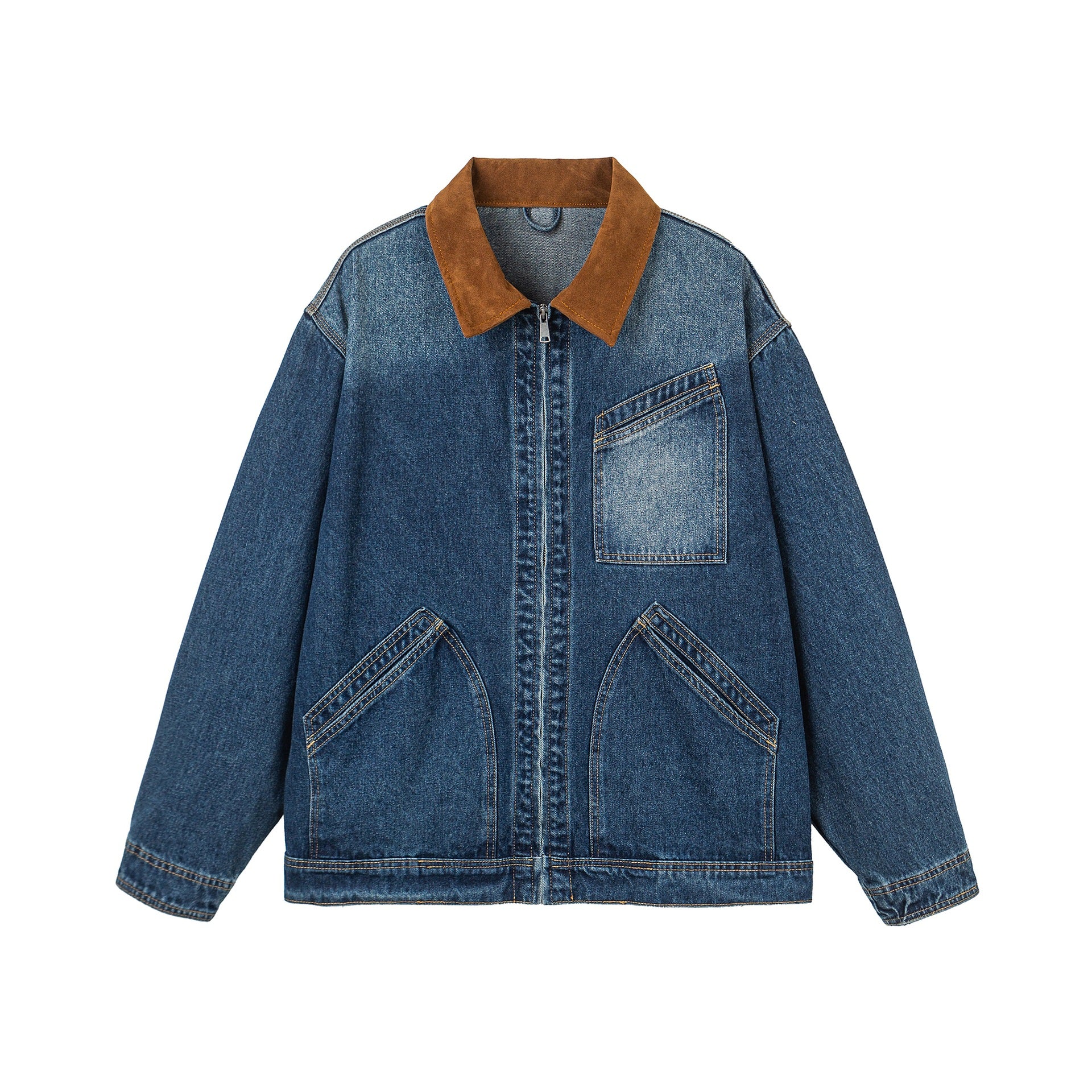 Women's Oversized Denim Jacket with Suede Collar, Concealed Zipper and Distinctive Pockets Chichicherry