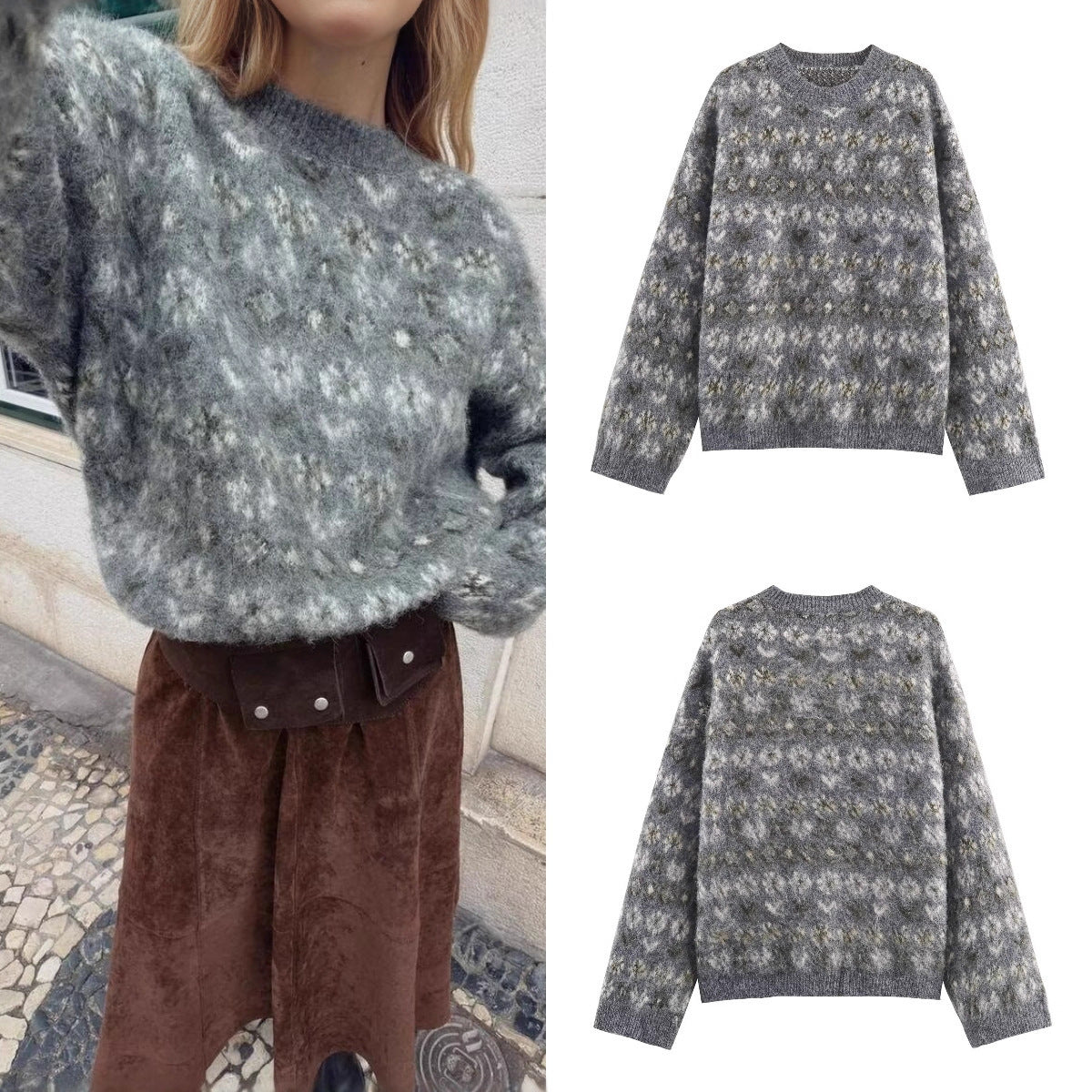 Women Oversize Jacquard Sweater made of soft Mohair mix with round neck Chichicherry