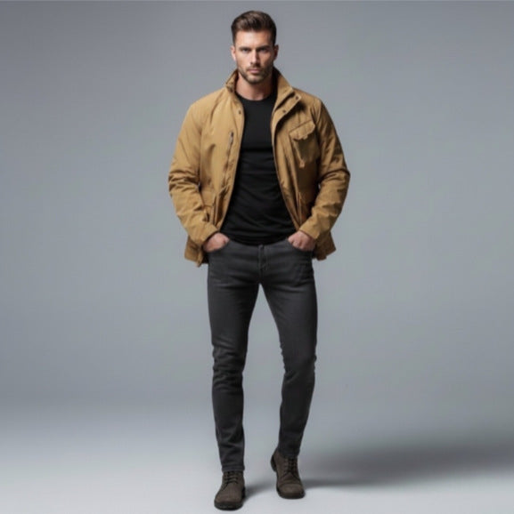Men's Lightweight Utility Field Jacket with Stand-Up Collar, Multiple Pockets and Breathable Mesh Lining Chichicherry