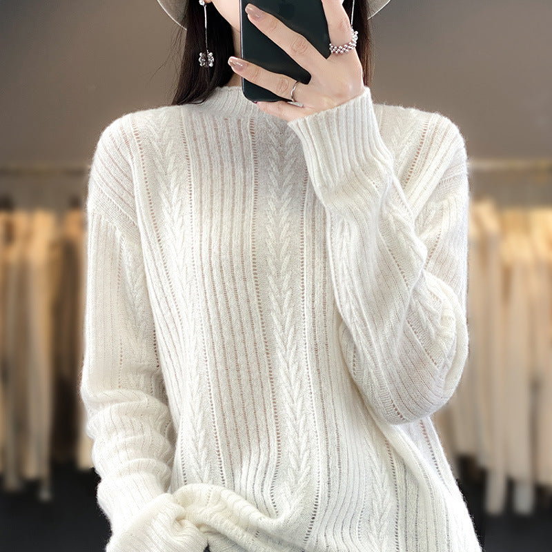 Women Cashmere-like Fine Knit Mock Neck Sweater with Openwork Cable Pattern and Casual Oversized Fit Chichicherry