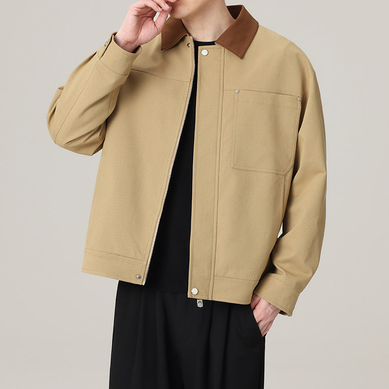 Men's short jacket in workwear look with contrast collar, concealed zipper, and chest pocket Chichicherry