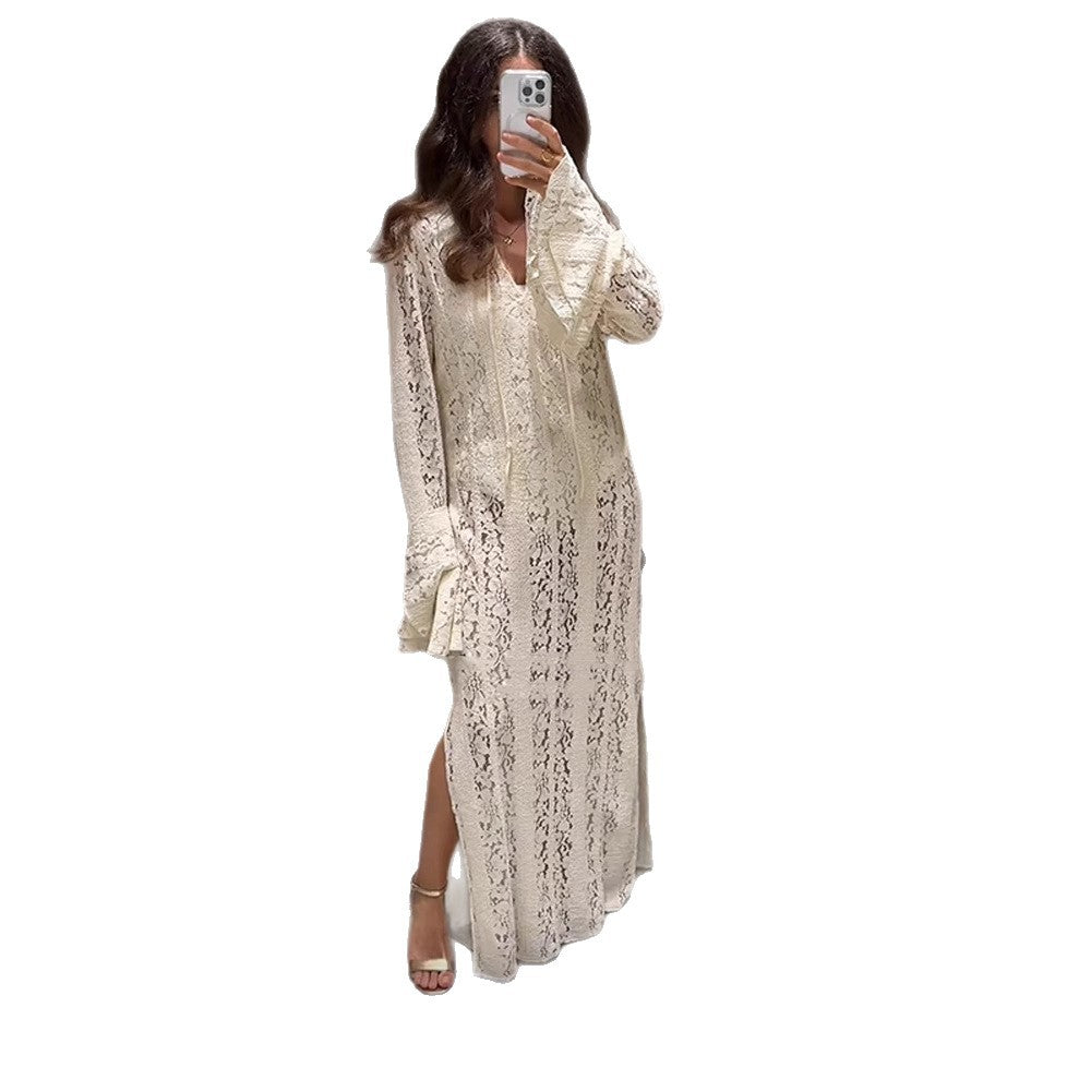 Women's Lace Maxi Dress with V-Neck, Bell Sleeves, and Side Slit Chichicherry