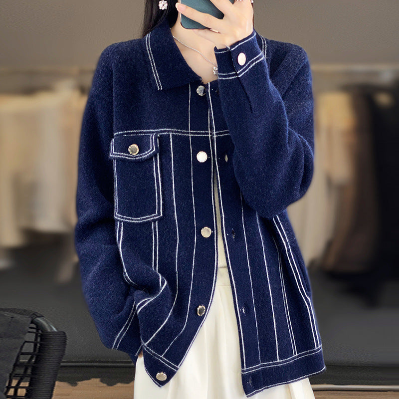 Women’s Oversized Knit Jacket in Denim Jacket Look with Contrasting Stitching Details and Chest Pocket Chichicherry