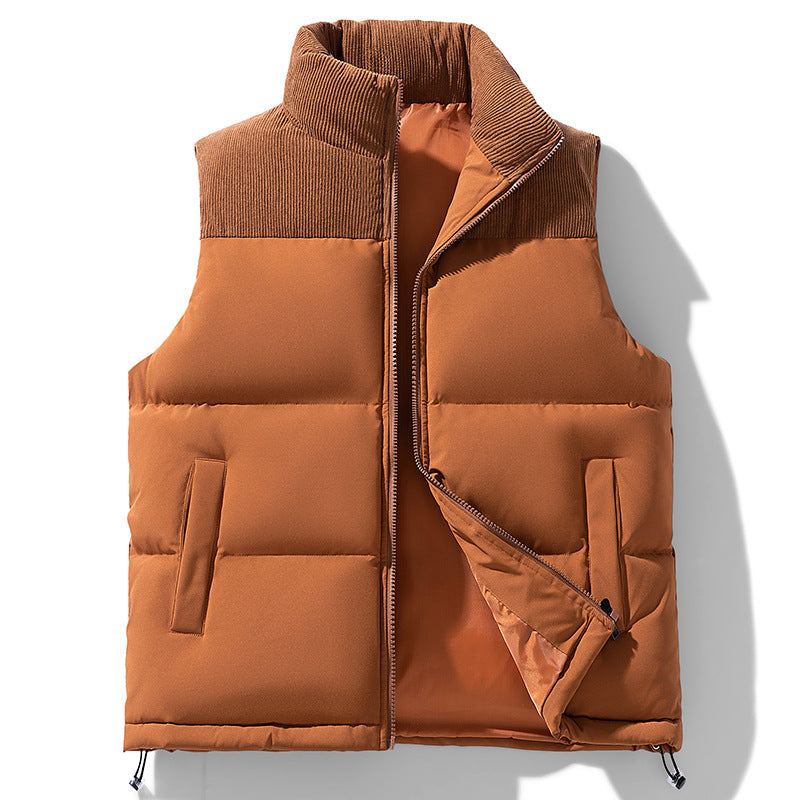 Men's Padded Quilted Vest with Corduroy Shoulder Panel and High Stand Collar Chichicherry