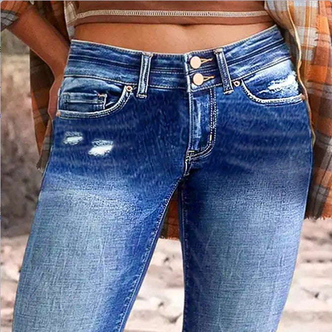Women's high-waisted Slim-Cropped Jeans with raw hem, Used-Wash and elastic comfort waistband Chichicherry