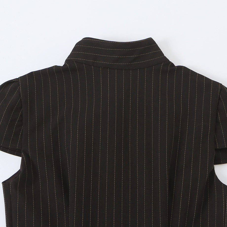 Women Tailored Short Sleeve Waistcoat with Pinstripes and Double Button Placket Chichicherry