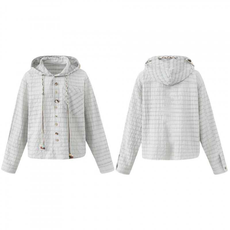 Women Lightweight Hooded Blouson Jacket made of textured cotton blend with button placket and decorative cord Chichicherry