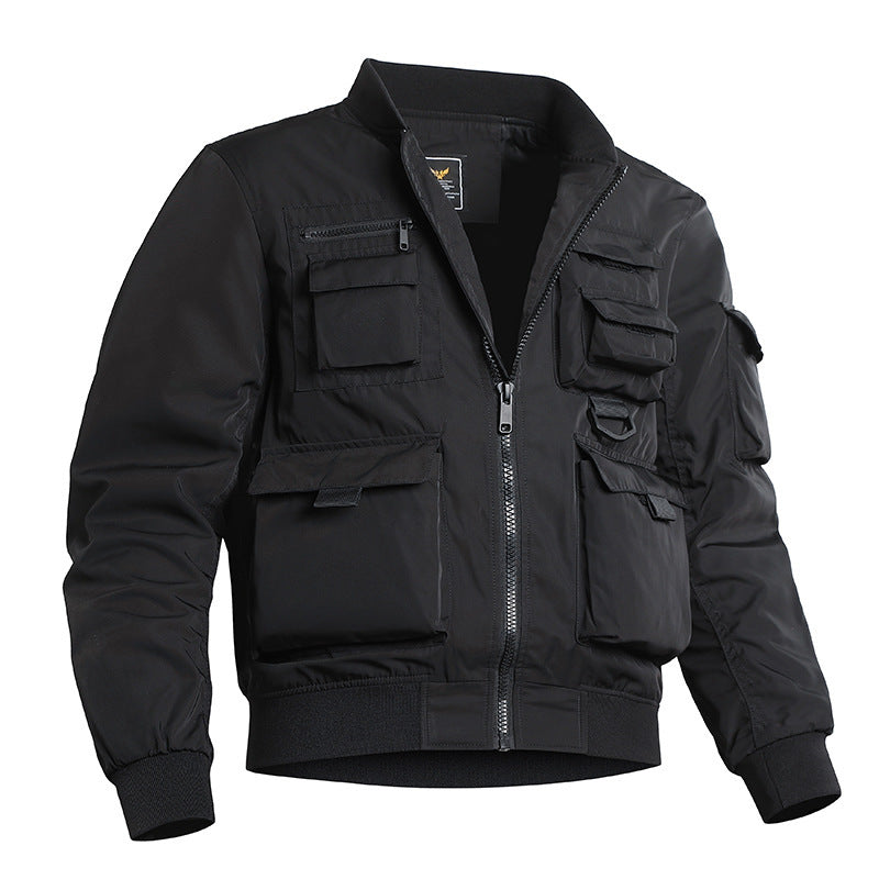 Men's Tactical Bomber Jacket in Field Look with Modular Outer Pockets and Elastic Hem Chichicherry