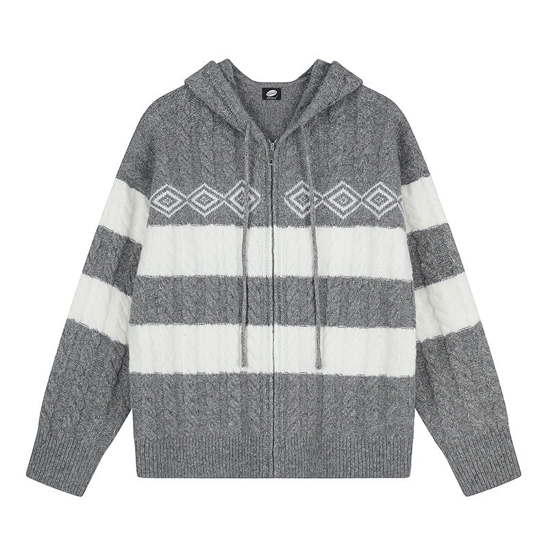Women's chunky knit hooded cardigan with cable knit, block stripes, and full-length zipper Chichicherry