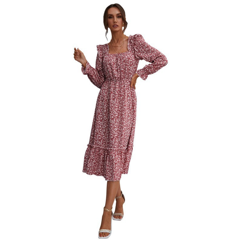 Women's midi dress in vintage style with square neckline, ruffles, and elastic waist Chichicherry