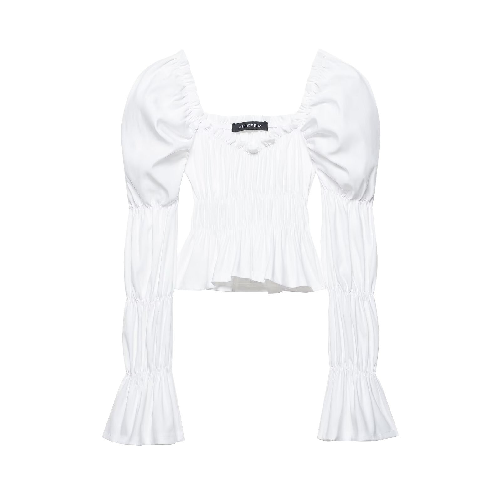 Women's Ruched Carmen Crop Top with Puff Sleeves, Smocked Waist and Tiered Sleeves Chichicherry