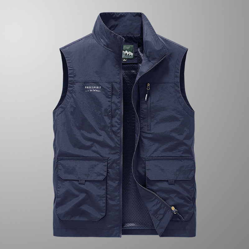 Men's multifunctional utility vest with mesh lining, stand-up collar and multiple pockets Chichicherry