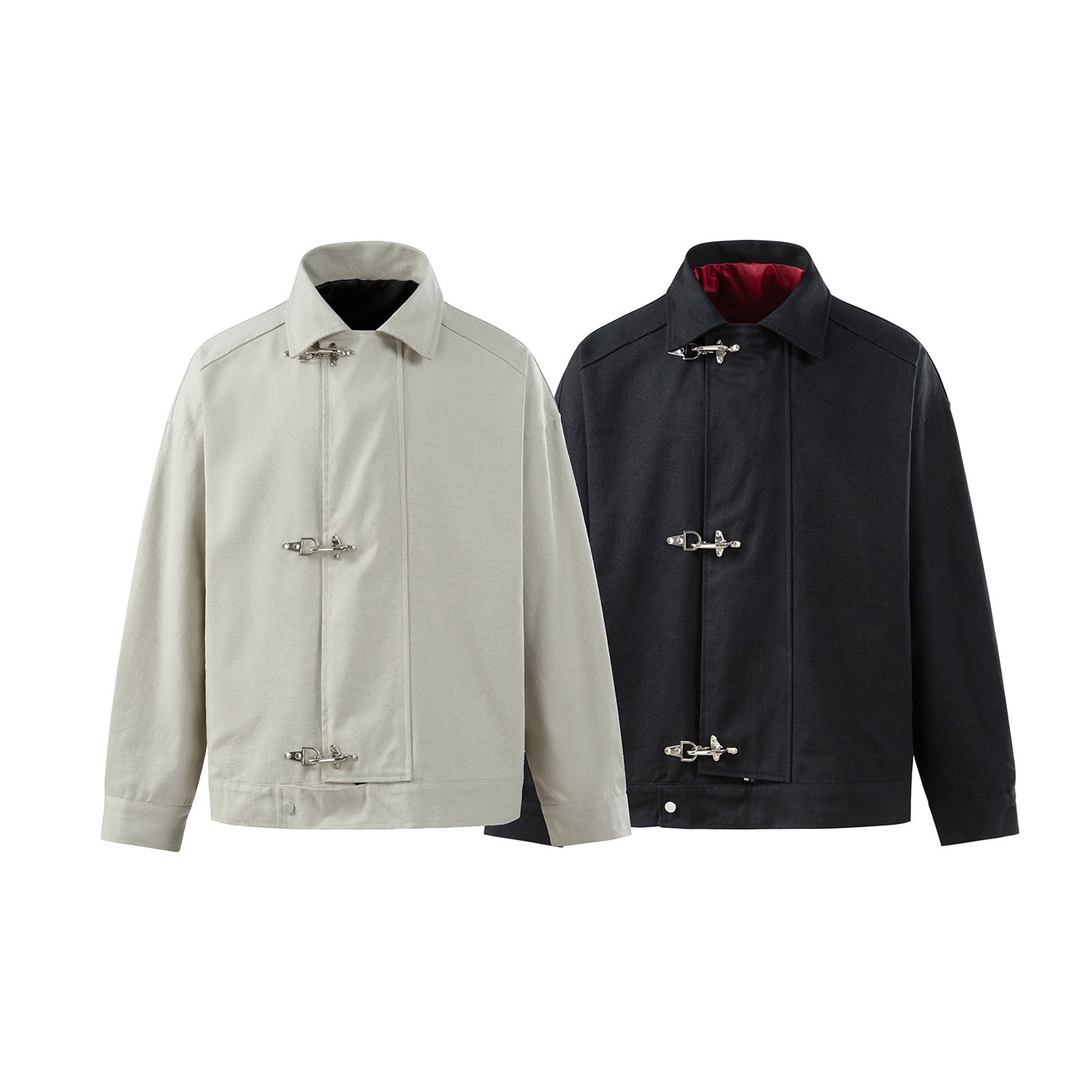 Men's Oversized Canvas Jacket with Distinct Metal Hook Closures Chichicherry