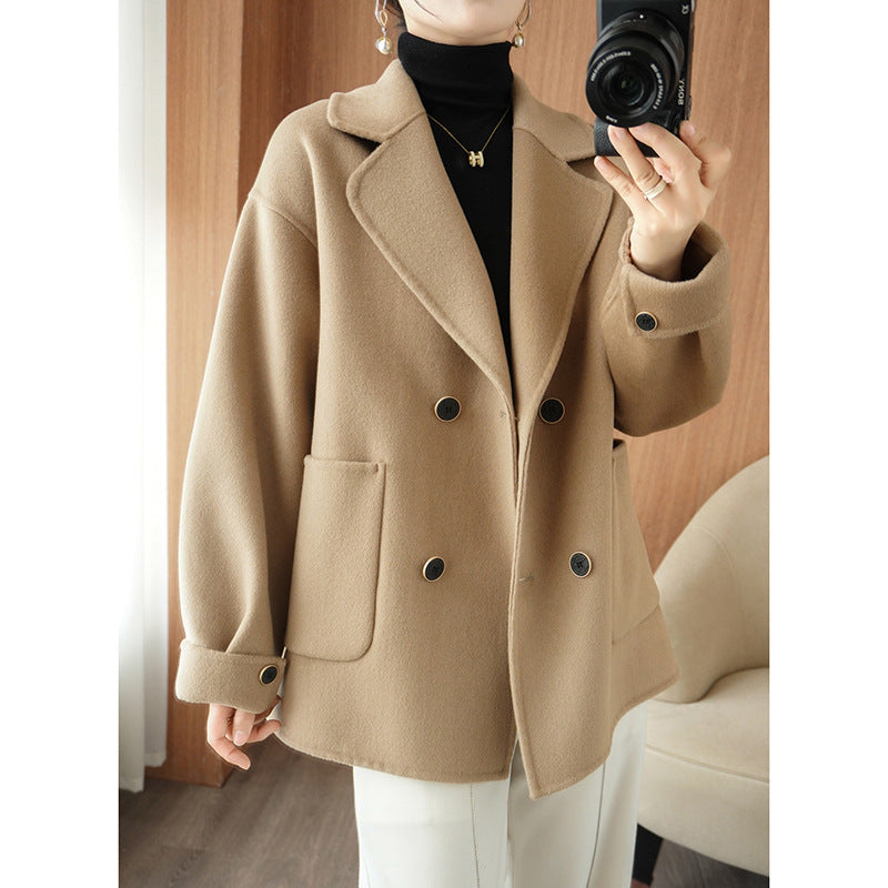 Women's short double-breasted wool blend coat with lapel collar and boxy oversized silhouette Chichicherry