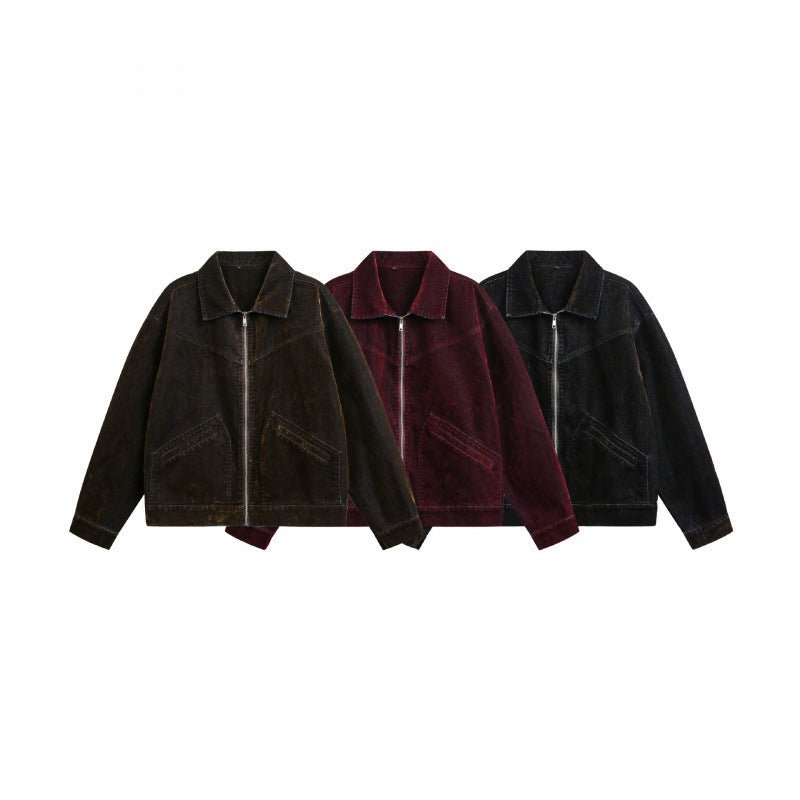 Men's Boxy Cord Blouson Jacket with Metal Zipper, Shirt Collar and Angled Insert Pockets Chichicherry