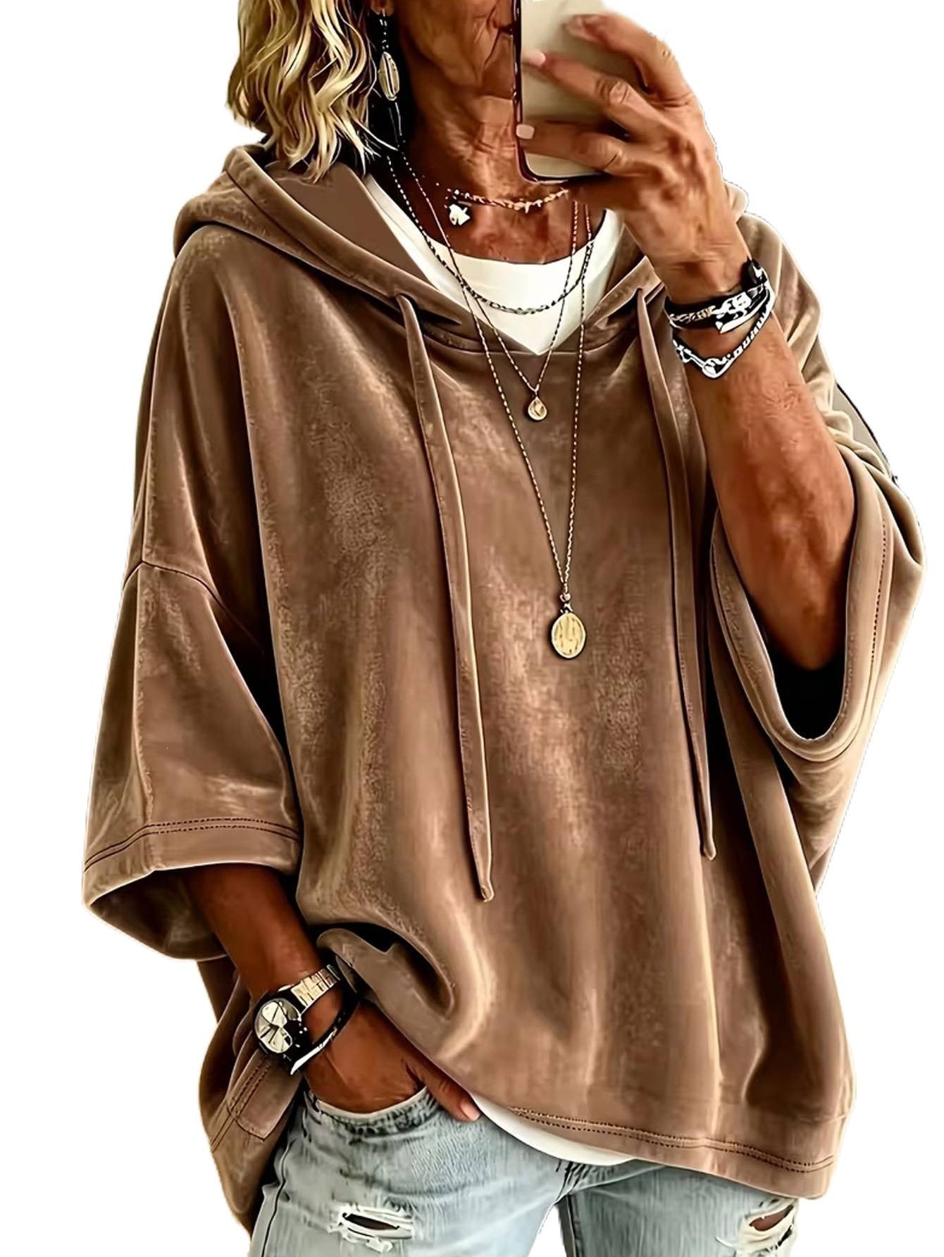 Women’s Oversize Velvet Hoodie Poncho with Three-Quarter Sleeves and Drawstring
