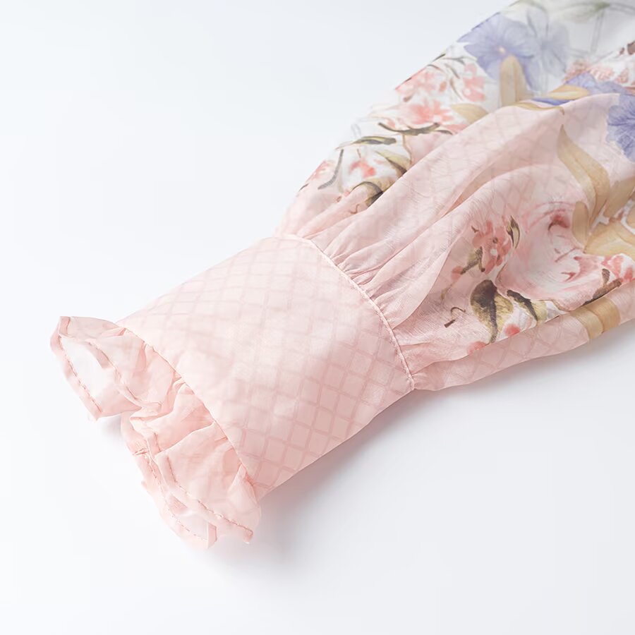Women's maxi dress made of chiffon with floral print, stand collar, and puff sleeves Chichicherry