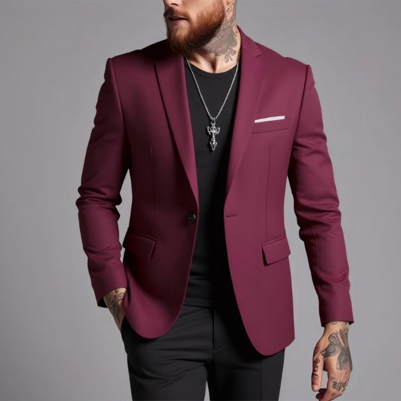 Men's Tailored One-Button Blazer made of Stretch Fabric with Narrow Lapels and Flap Pockets Chichicherry