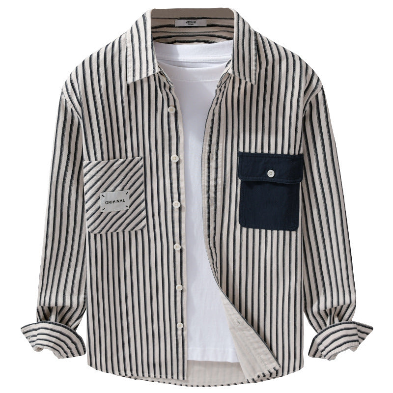 Men Striped Overshirt with Contrast Chest Pockets and Kent Collar made of Cotton Blend Chichicherry