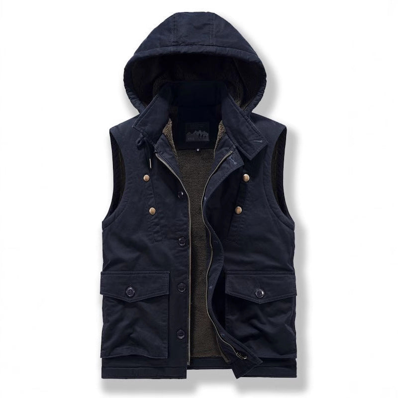 Men's Utility Vest with Hood, Teddy Lining and Multi-Function Pockets Chichicherry